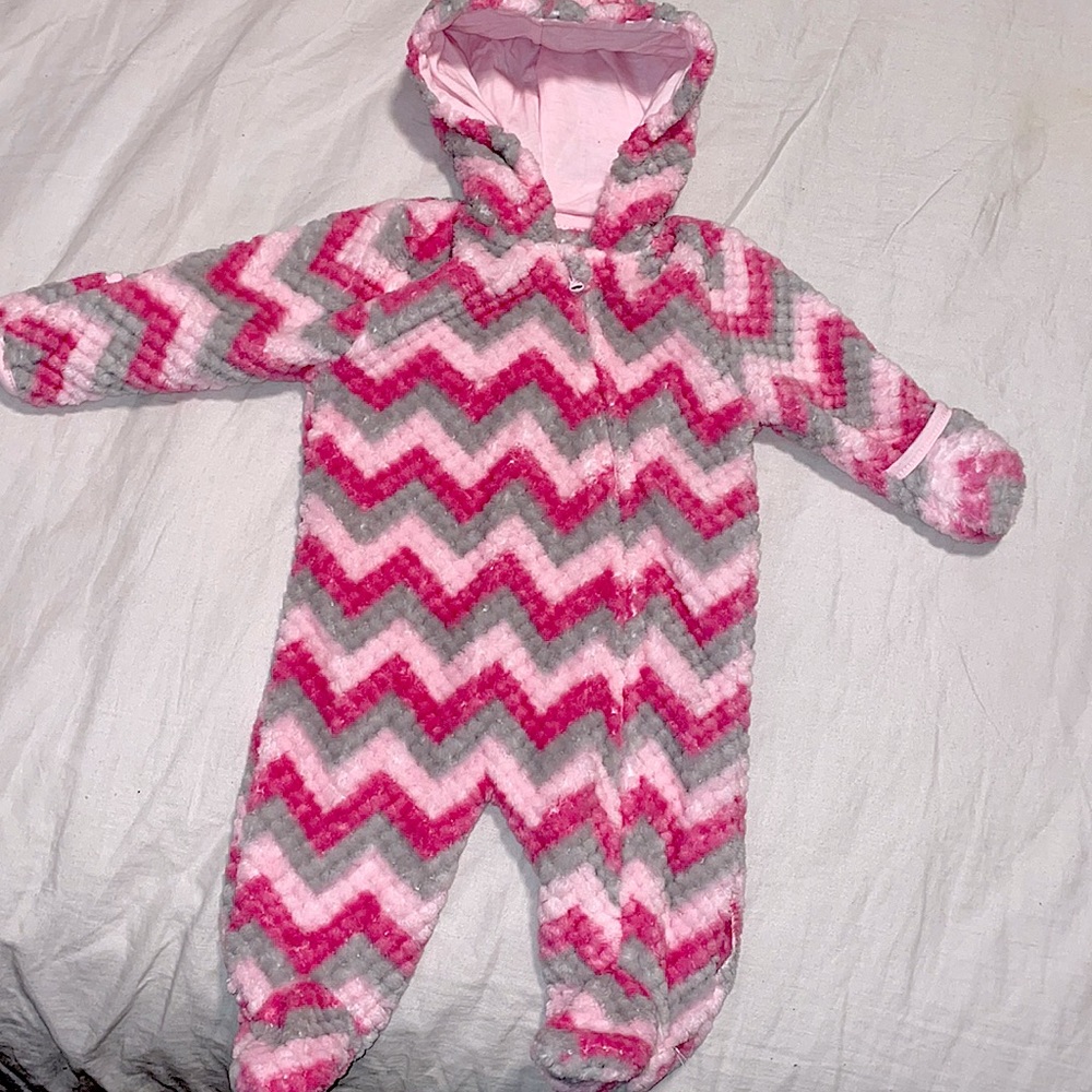 Pink & grey chevron print hooded onesie